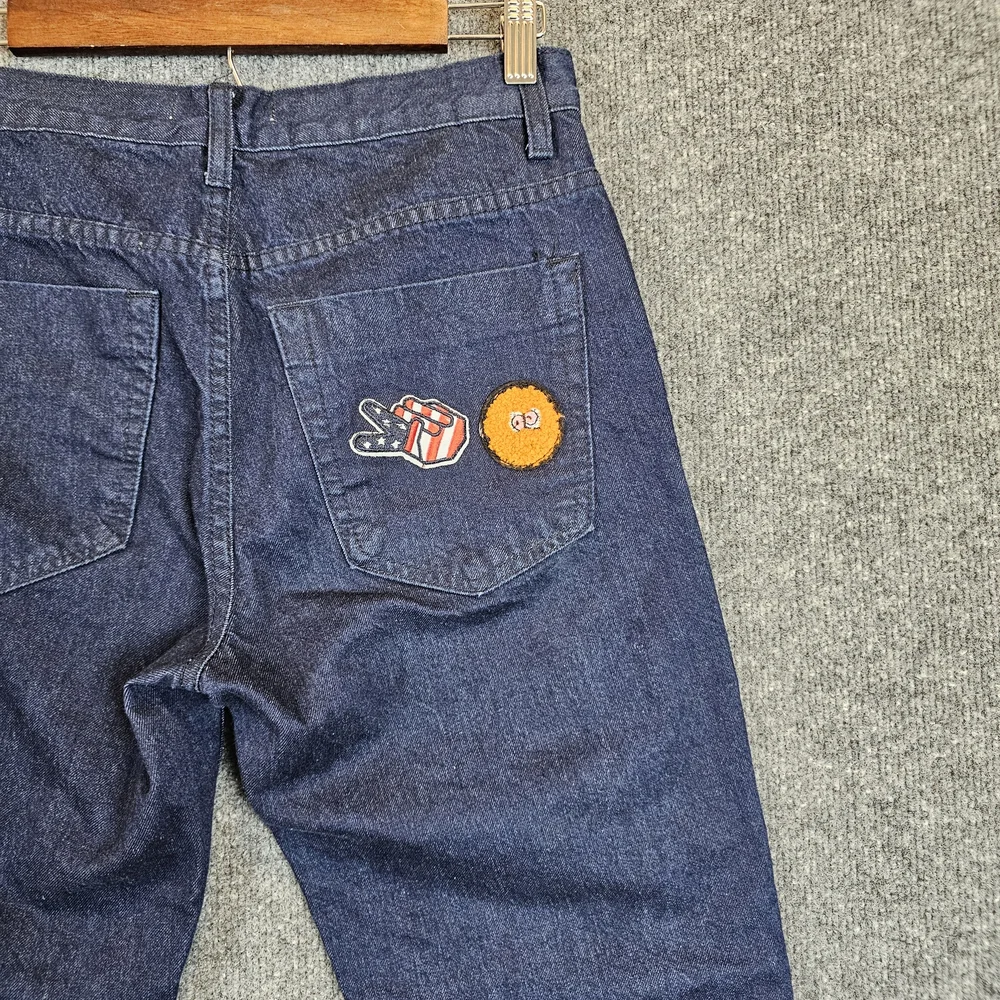 Glamorous Dark Blue Straight Leg Jeans with Colorful Patches - Picture 5 of 7